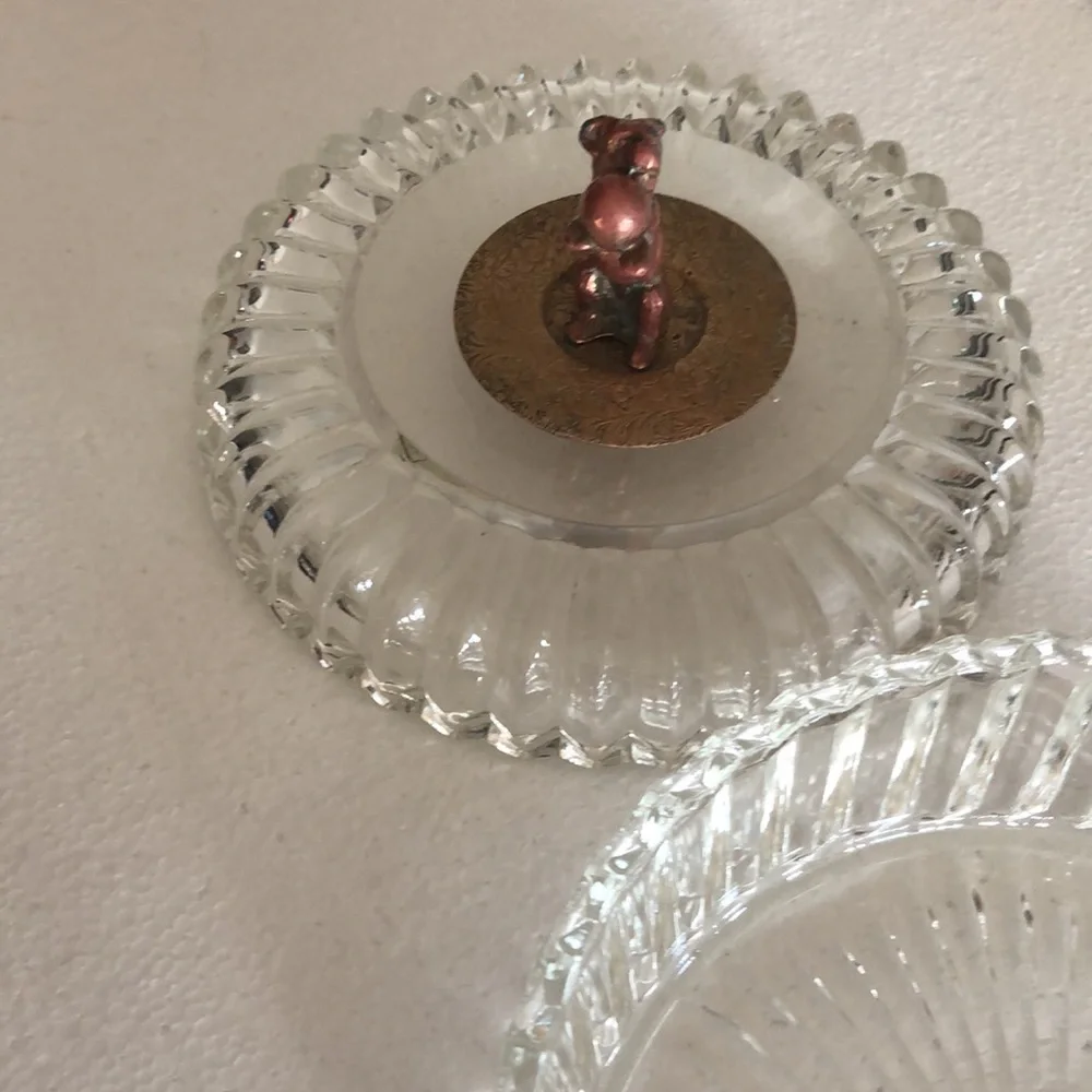 Vintage Glass Crystal Trinket Bowl w/Lid, Brass Dog Handle w/Copper Floral Plate